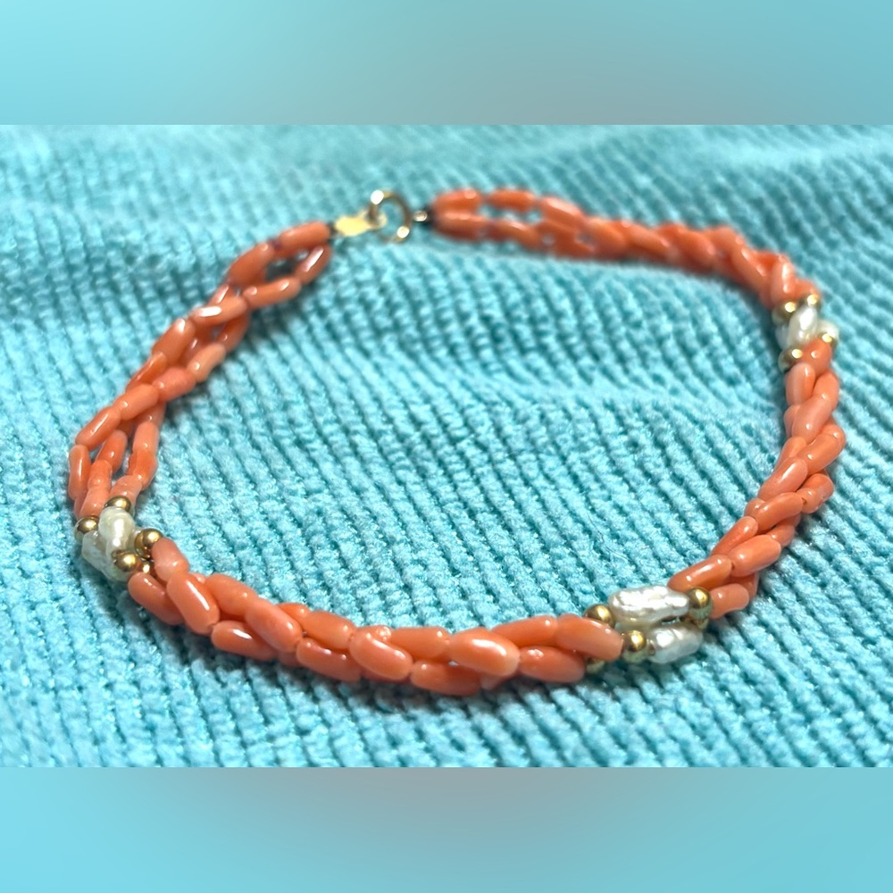 14K Angel Skin Coral and Rice Pearl Bracelet Lucoral Hawaii